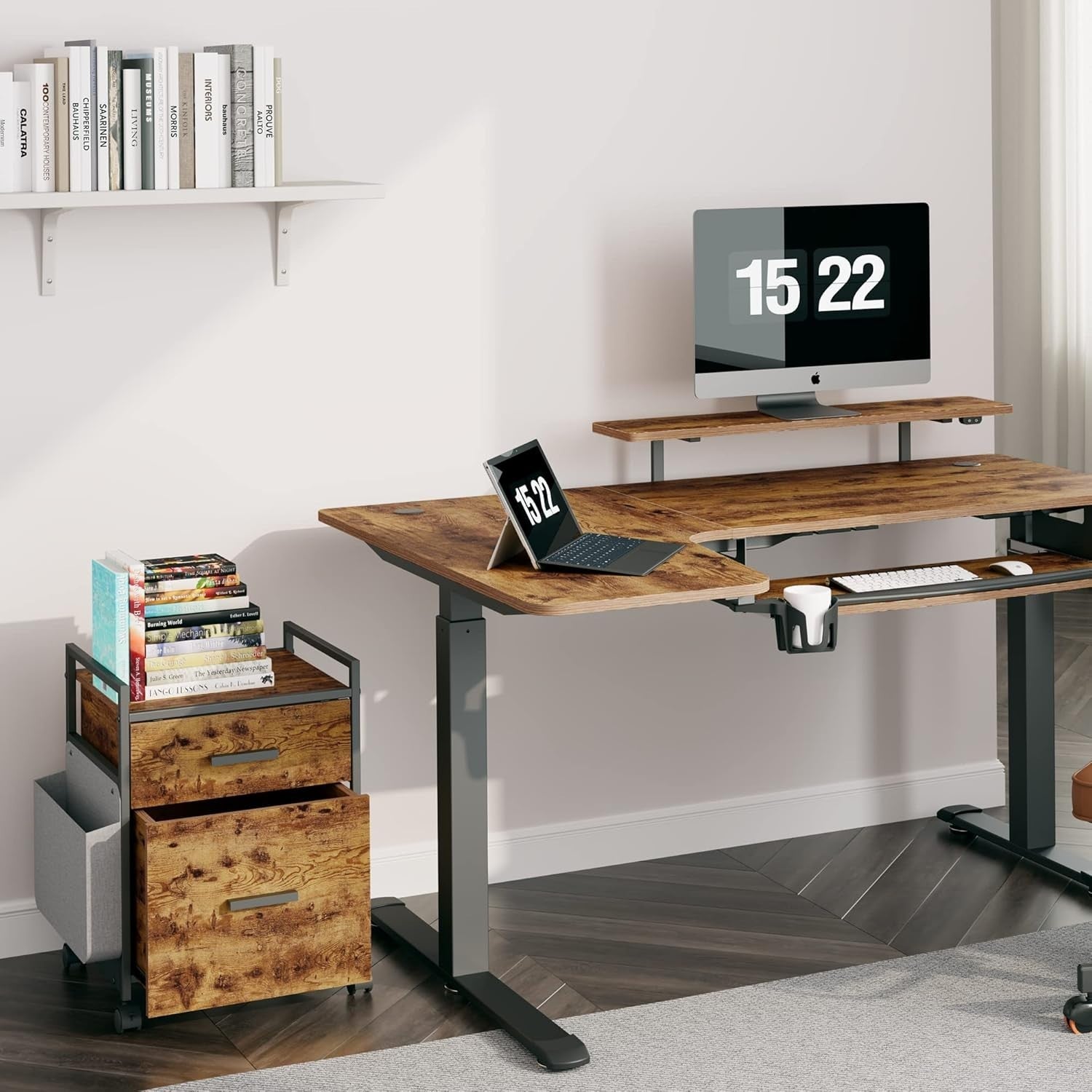 2 Drawer Mobile Filing Cabinet with Printer Shelf Under Desk Rustic Brown