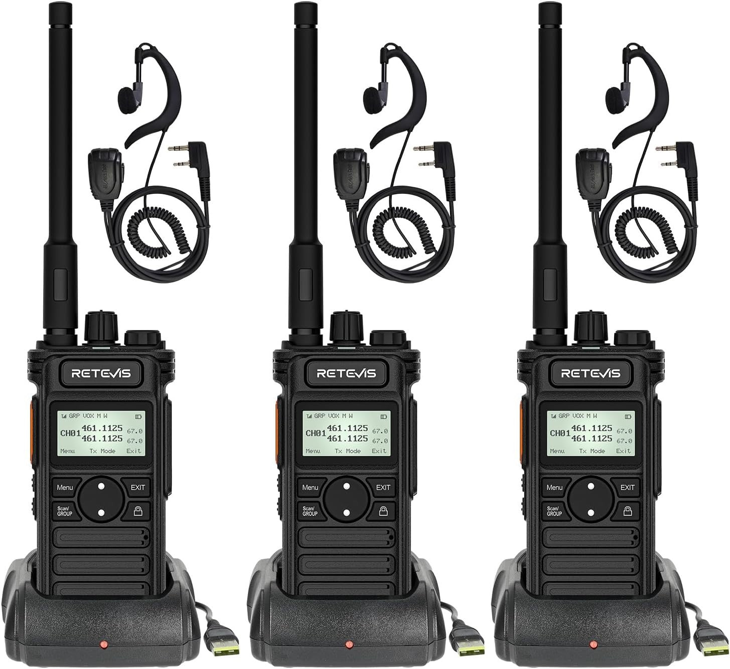 Long Range Walkie Talkies 3 Pack 2600mAh USB-C LCD Group Call Earpiece