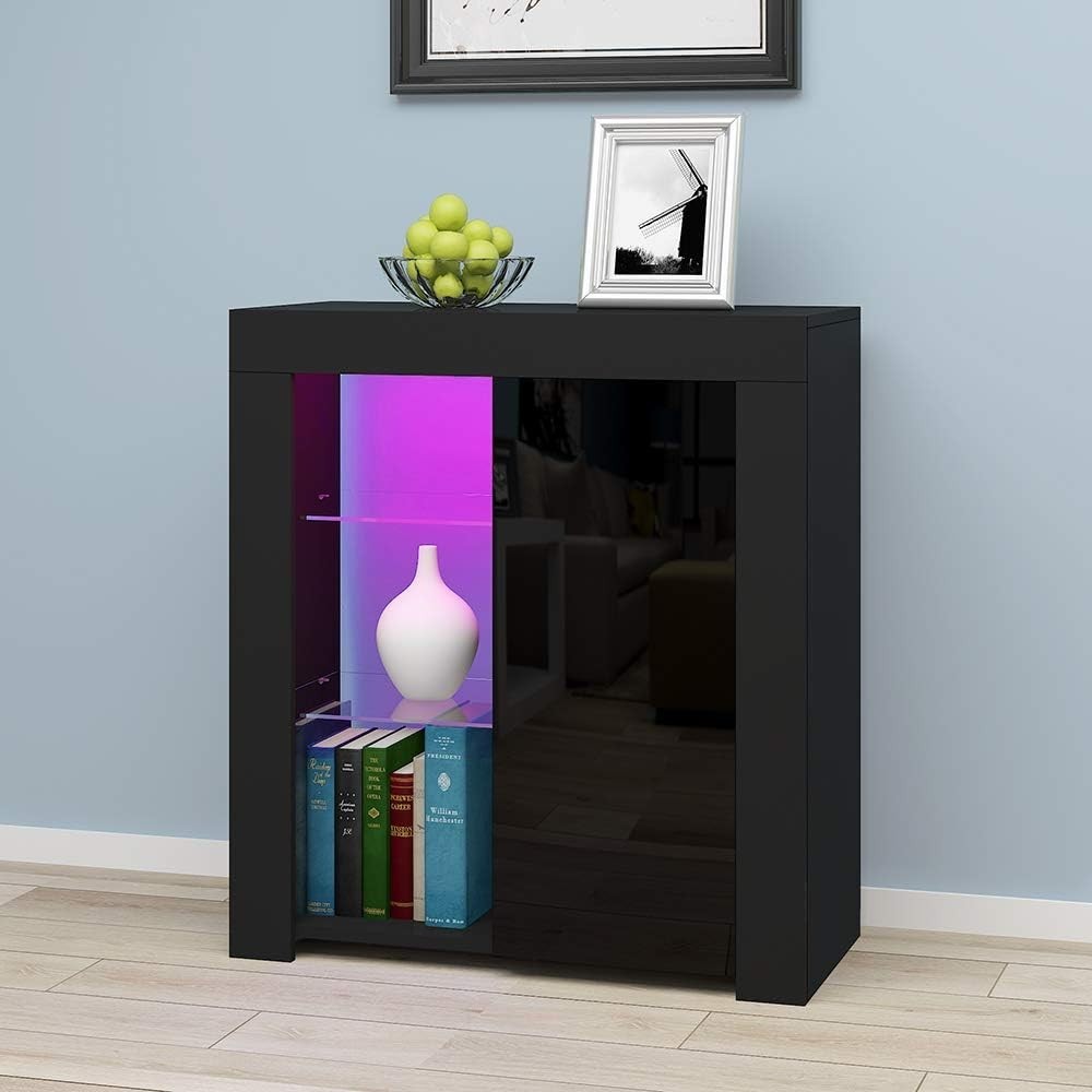 Modern Black LED Sideboard Cabinet with Glass Shelves & Storage 75x35x83cm