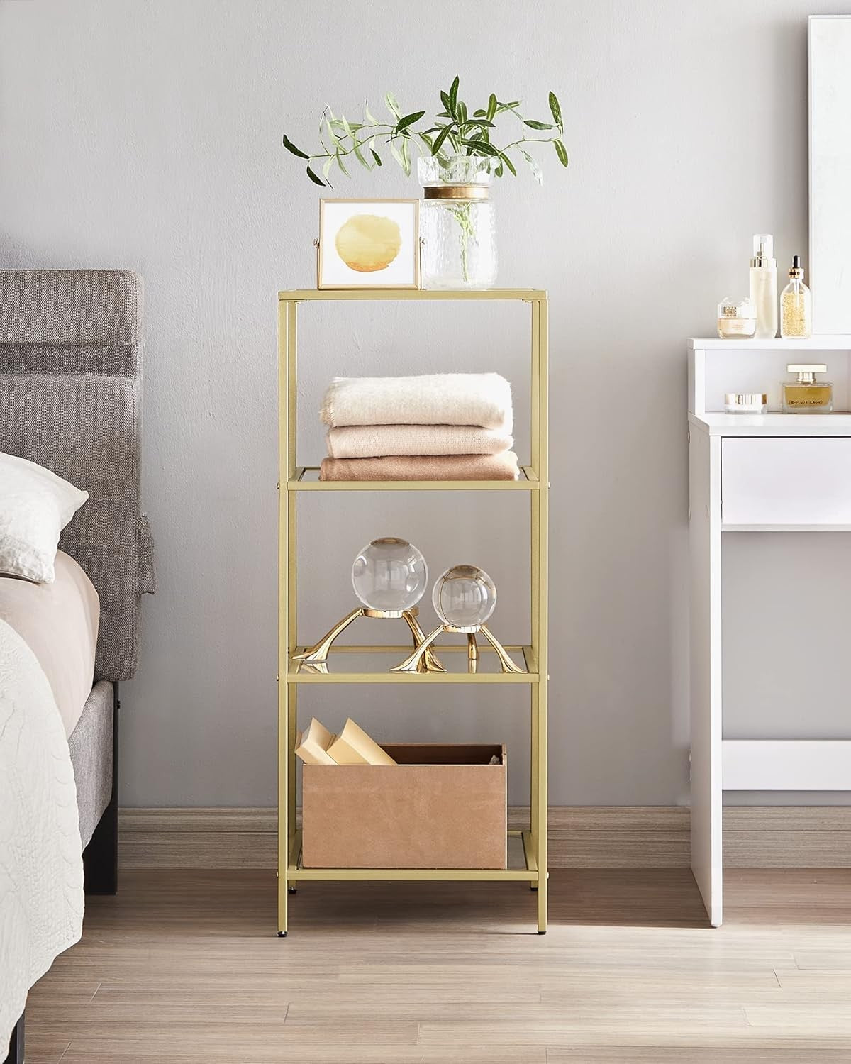 Modern 4-Tier Gold Glass Shelf Unit | Luxury Display Rack Storage for Home Offic