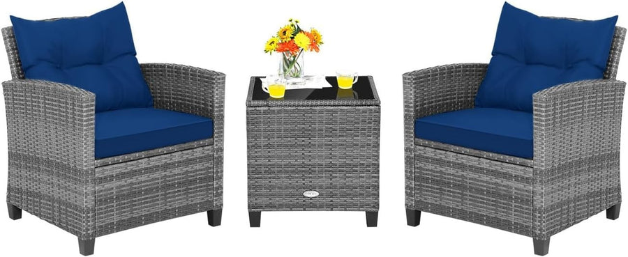 Luxury Rattan Patio Conversation Set Cushioned Chairs Glass Table Garden