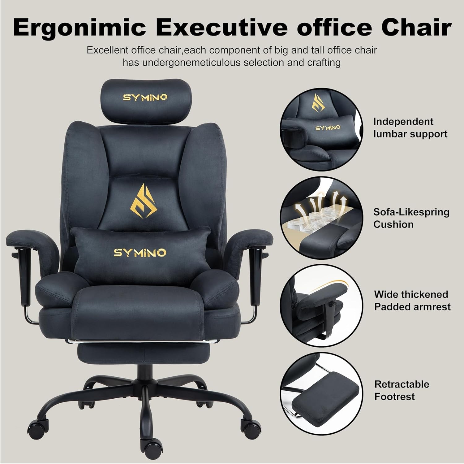 Ergonomic Gaming Office Chair with Footrest Pocket Spring Grey