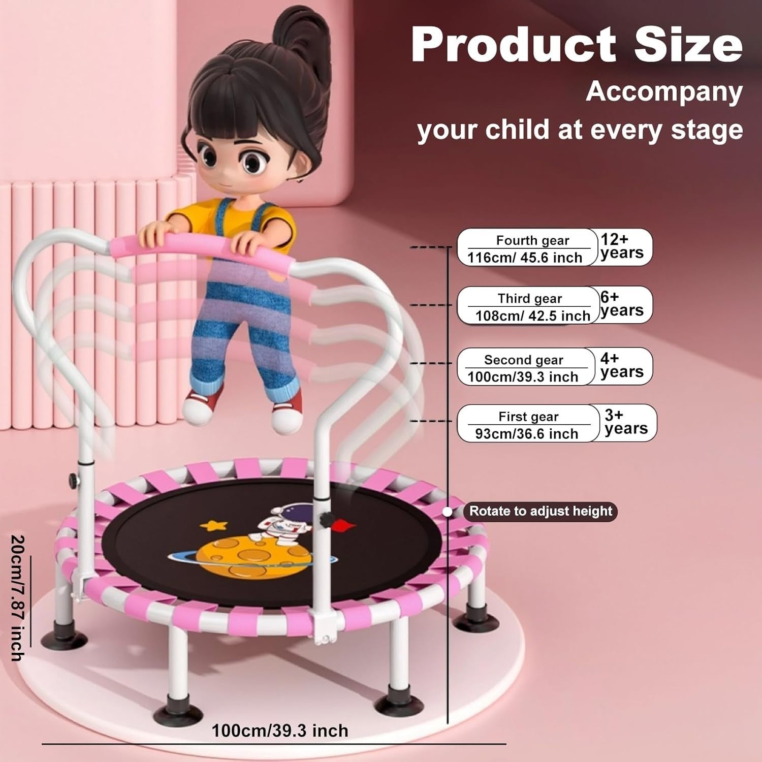 39in Toddler Trampoline Height Adjustable Foldable Kids Indoor Pink