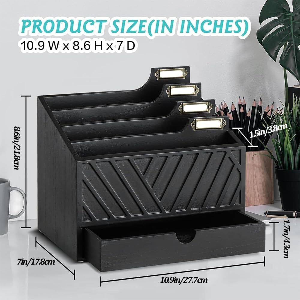 Wooden Desk Organizer Mail Sorter with Drawer | File Holder & Storage Box