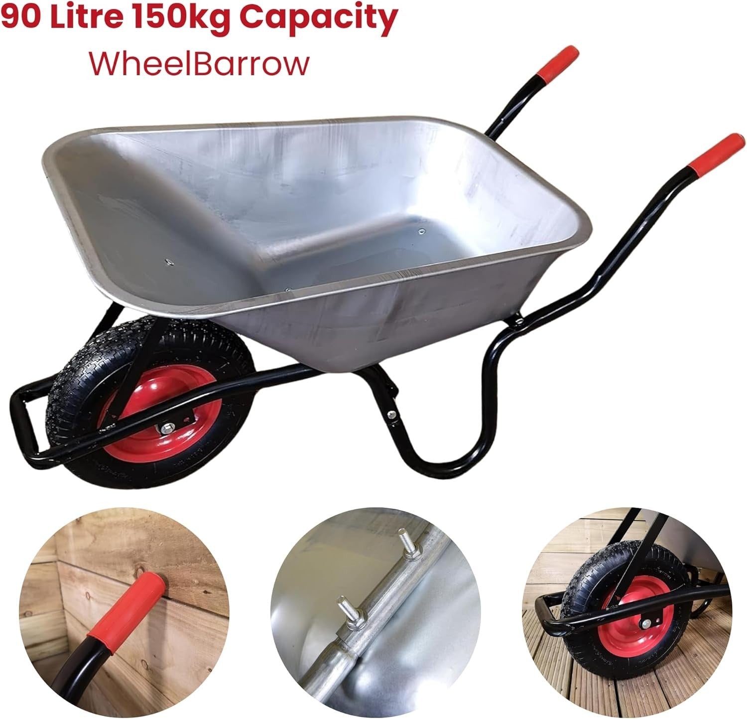 90L Heavy Duty Wheelbarrow Silver – Galvanise Metal Tray w/ Pneumatic Tyre 150kg