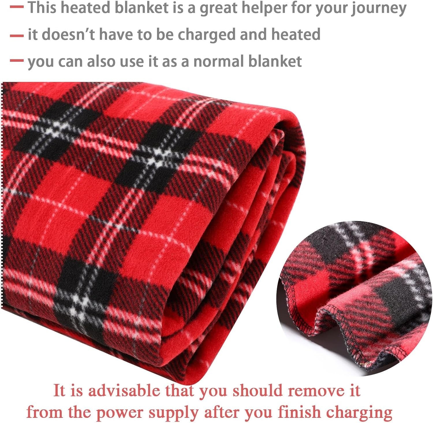 12V Heated Car Blanket Electric Winter Travel Throw Black Red Plaid