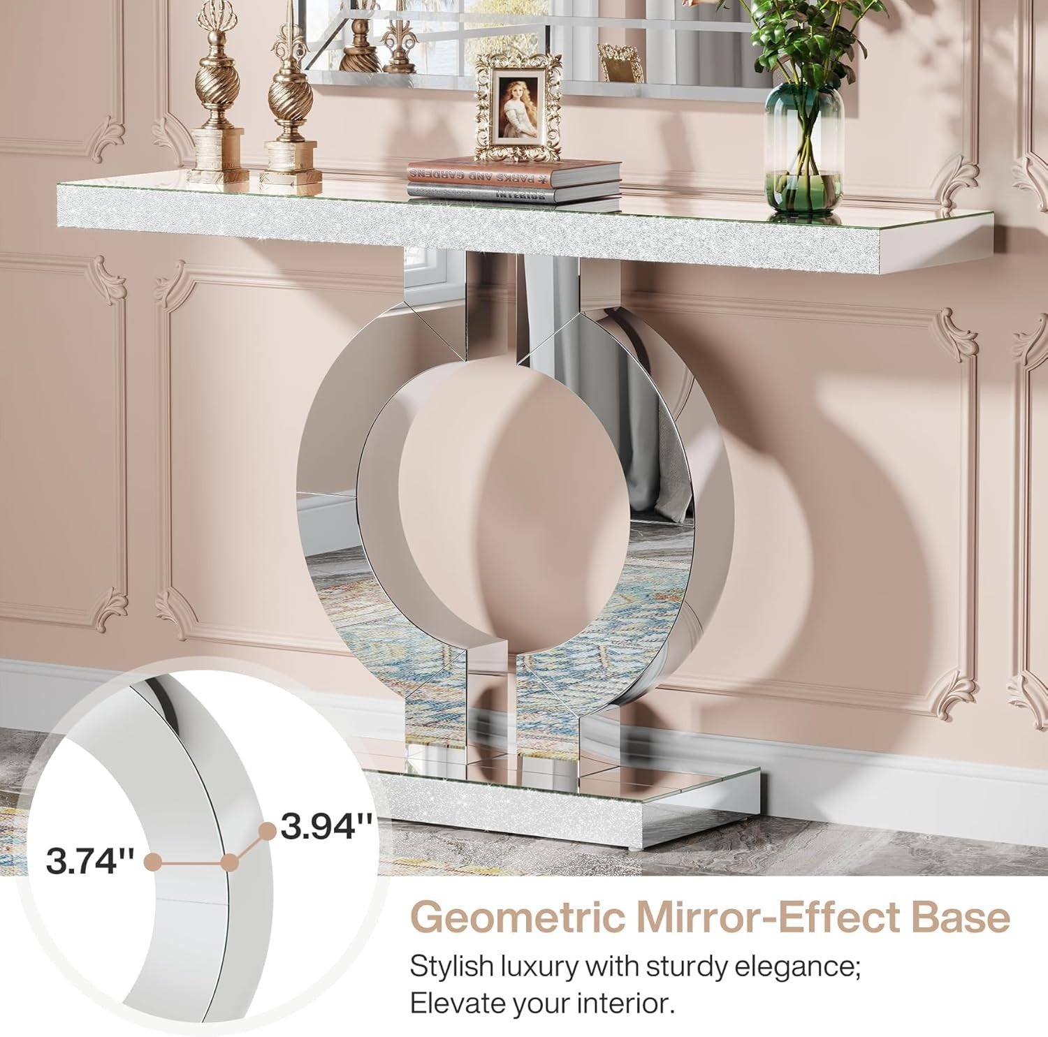 Mirror Console Table Glass Hallway Entryway Desk O-Shape Base 43” Elegant