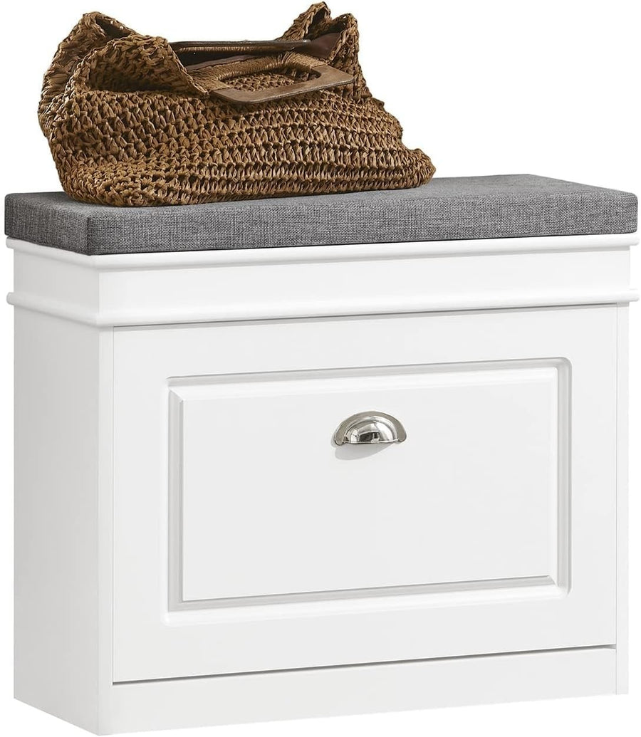 Narrow Shoe Storage Bench with Flip Drawer & Cushion, 60x24x51 cm White