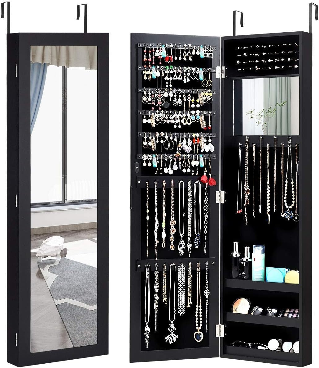 Hanging Jewelry Cabinet Full Length Mirror Wall Mounted Storage Black