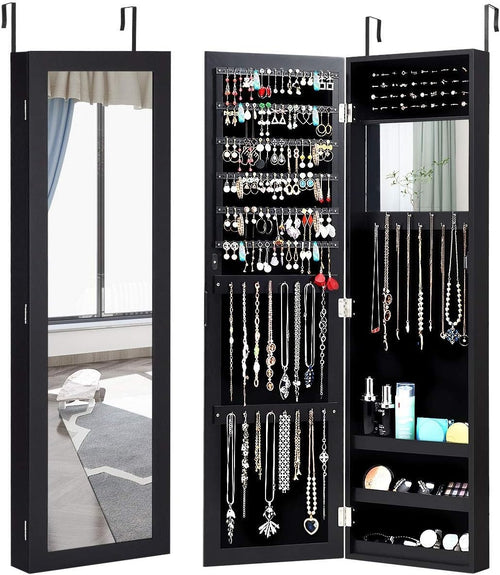 Hanging Jewelry Cabinet Full Length Mirror Wall Mounted Storage Black