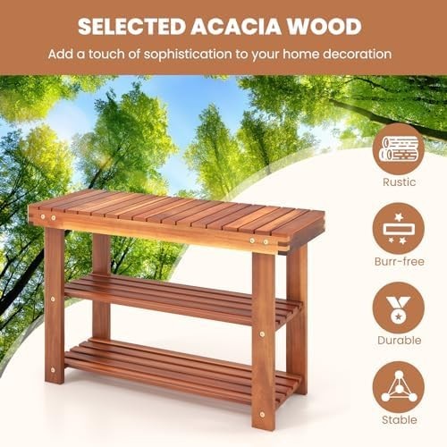 70cm Acacia Wood 3-Tier Shoe Rack Bench – Hallway Storage Seat