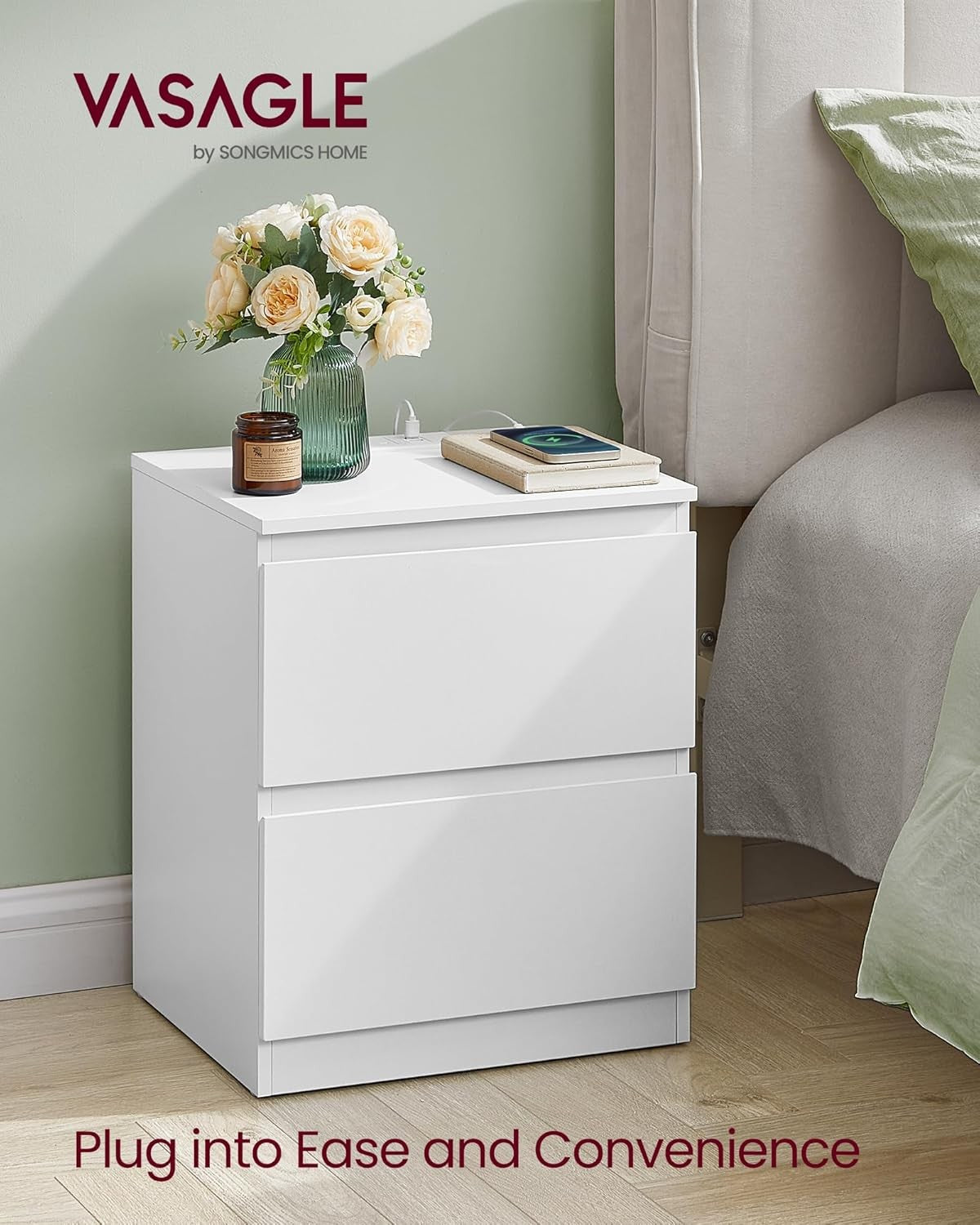 White Bedside Tables Set of 2 with Charging Station & Drawers Modern Nightstands