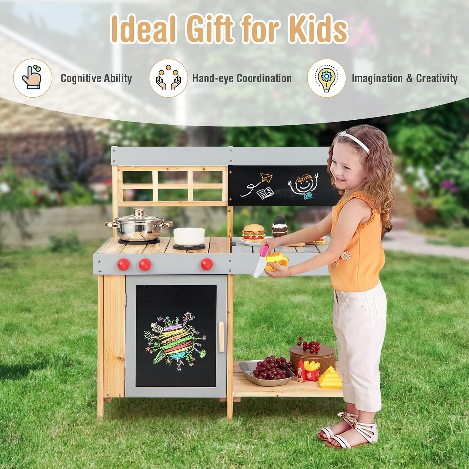 Outdoor Wooden Mud Kitchen Chalkboard Sink Kids Playset Toy