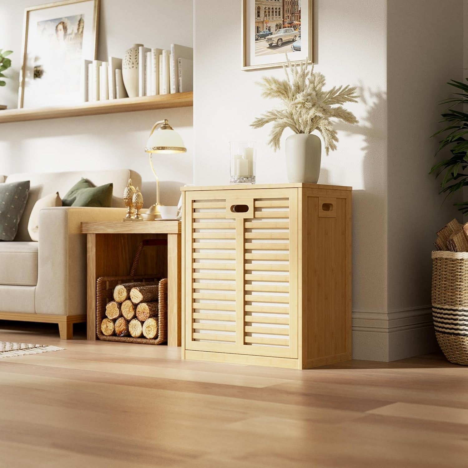 Bamboo Tilt Out Laundry Hamper Cabinet with Hidden Basket Storage Natural