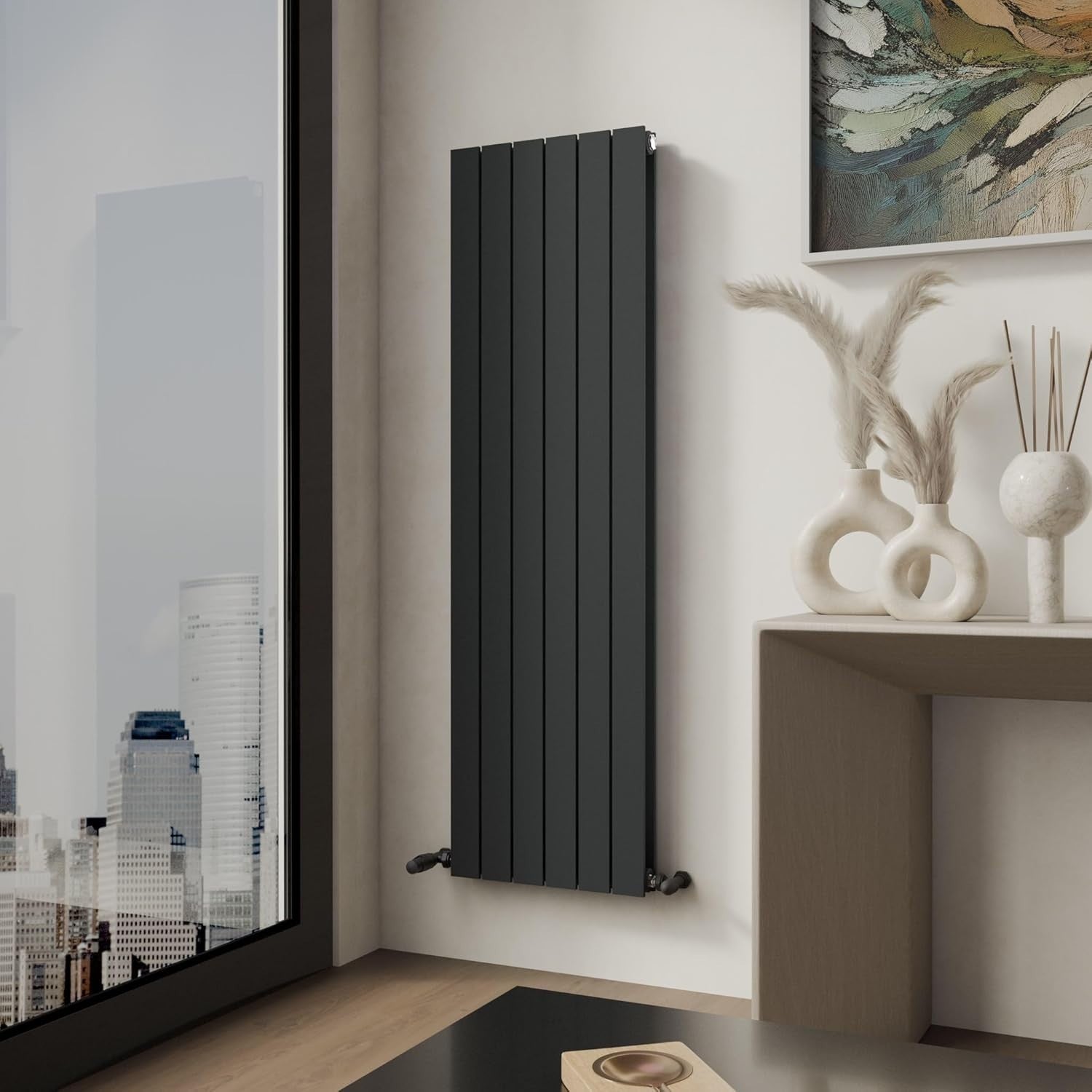 Slim Vertical Anthracite Radiator | Double Panel | 1600x456mm | Bathroom/Kitchen