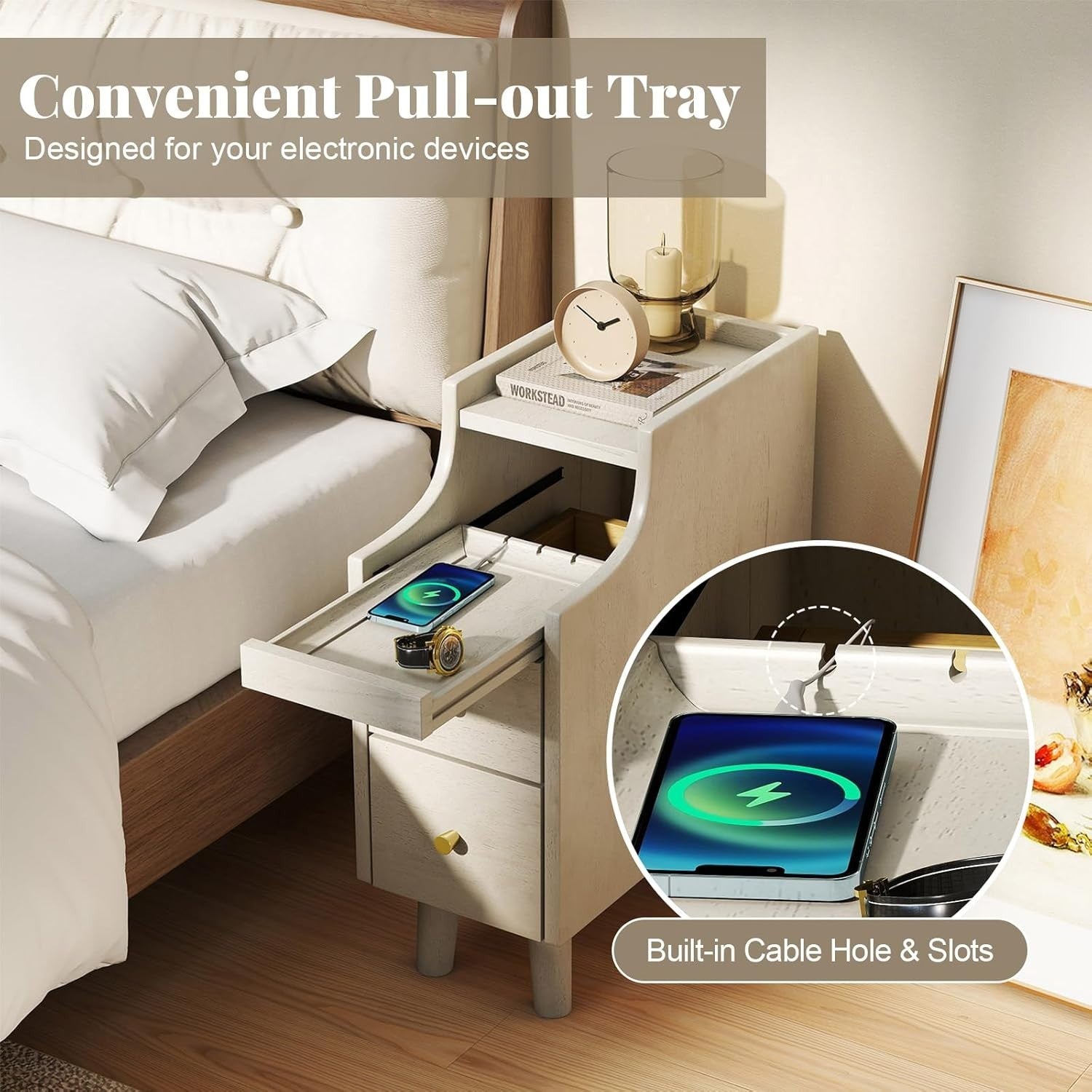 Slim White Bedside Table with 2 Drawers, Pull-Out Tray & Cable Hole, 41x20x50cm