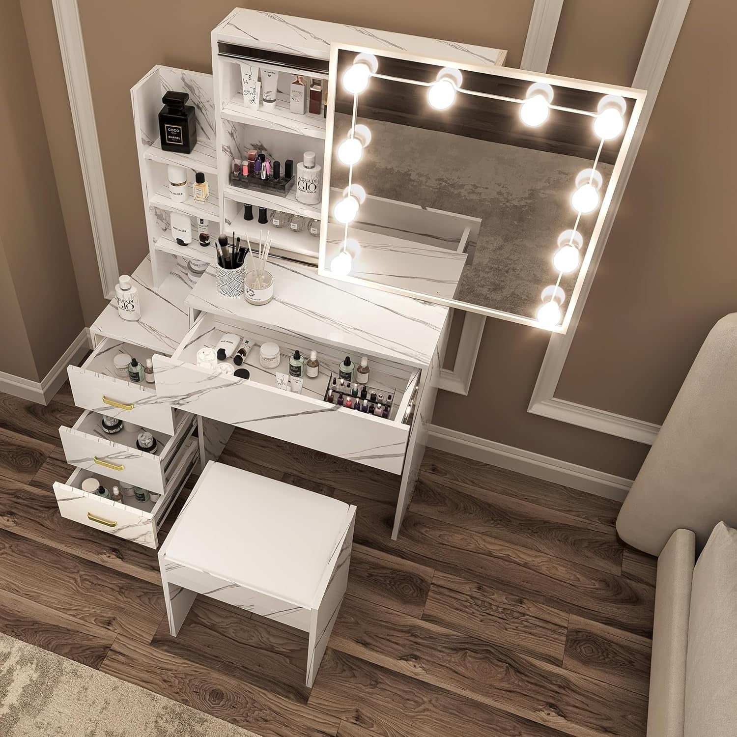Wood Makeup Vanity Desk w/LED Light Mirror 3 Drawers Open Shelves Dressing Set