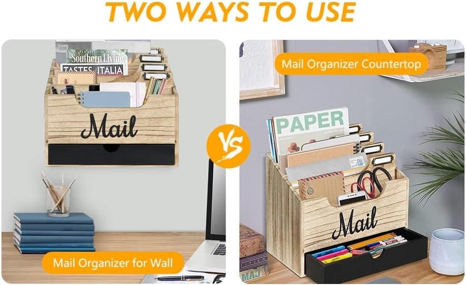 Wood Desktop Mail Organizer with 4 Compartments & Drawer, File Holder