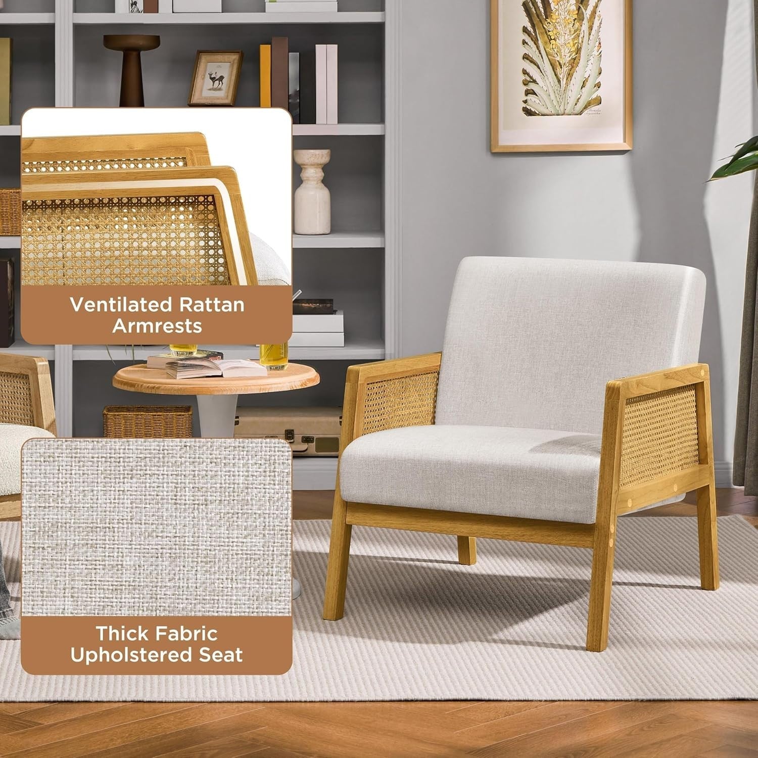 Linen Fabric Accent Armchair Modern Indoor Lounge Chair with Cane Sides