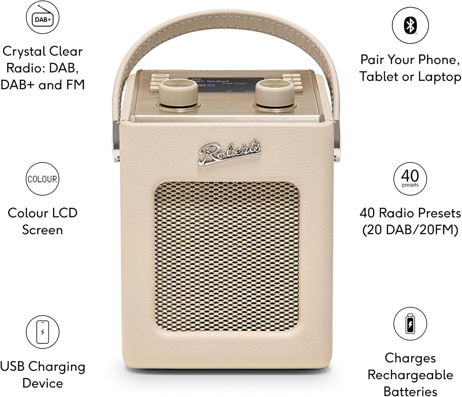 Portable DAB+/FM Radio with Bluetooth, Dual Alarms & Retro Sound – Pastel Cream