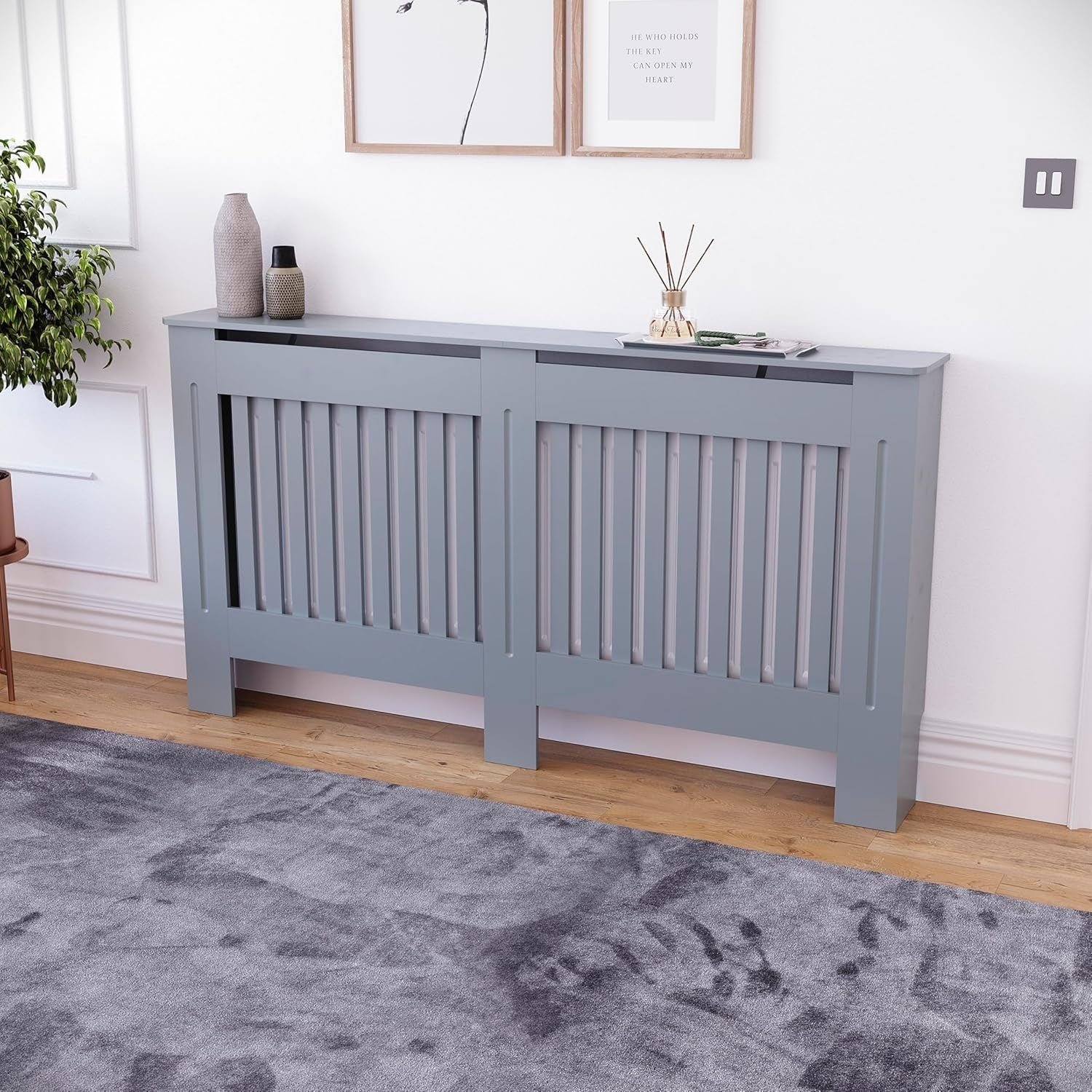 Large Grey Radiator Cover | Modern Slatted MDF Heating Cabinet