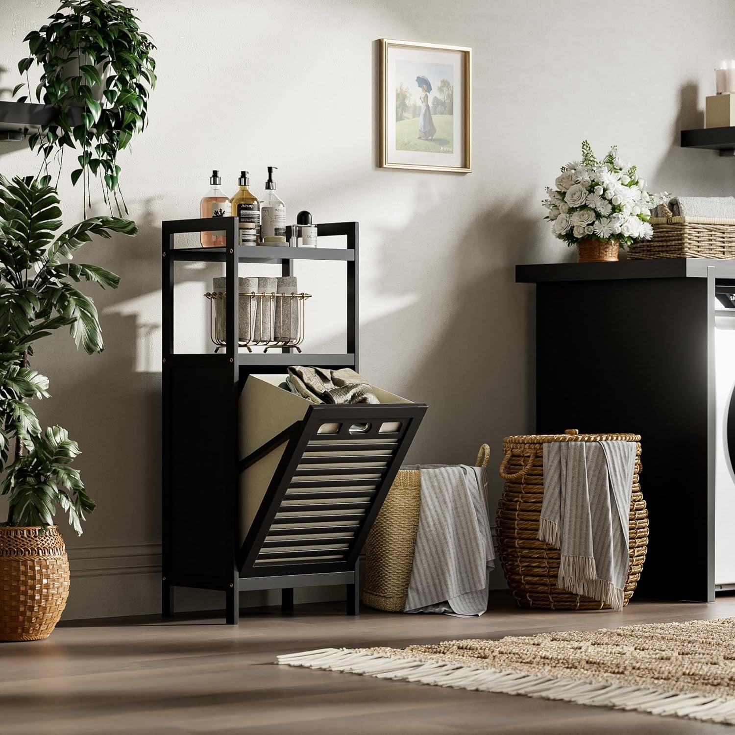 Black Tilt Out Laundry Hamper Cabinet Bamboo 32L Basket with Storage Shelves