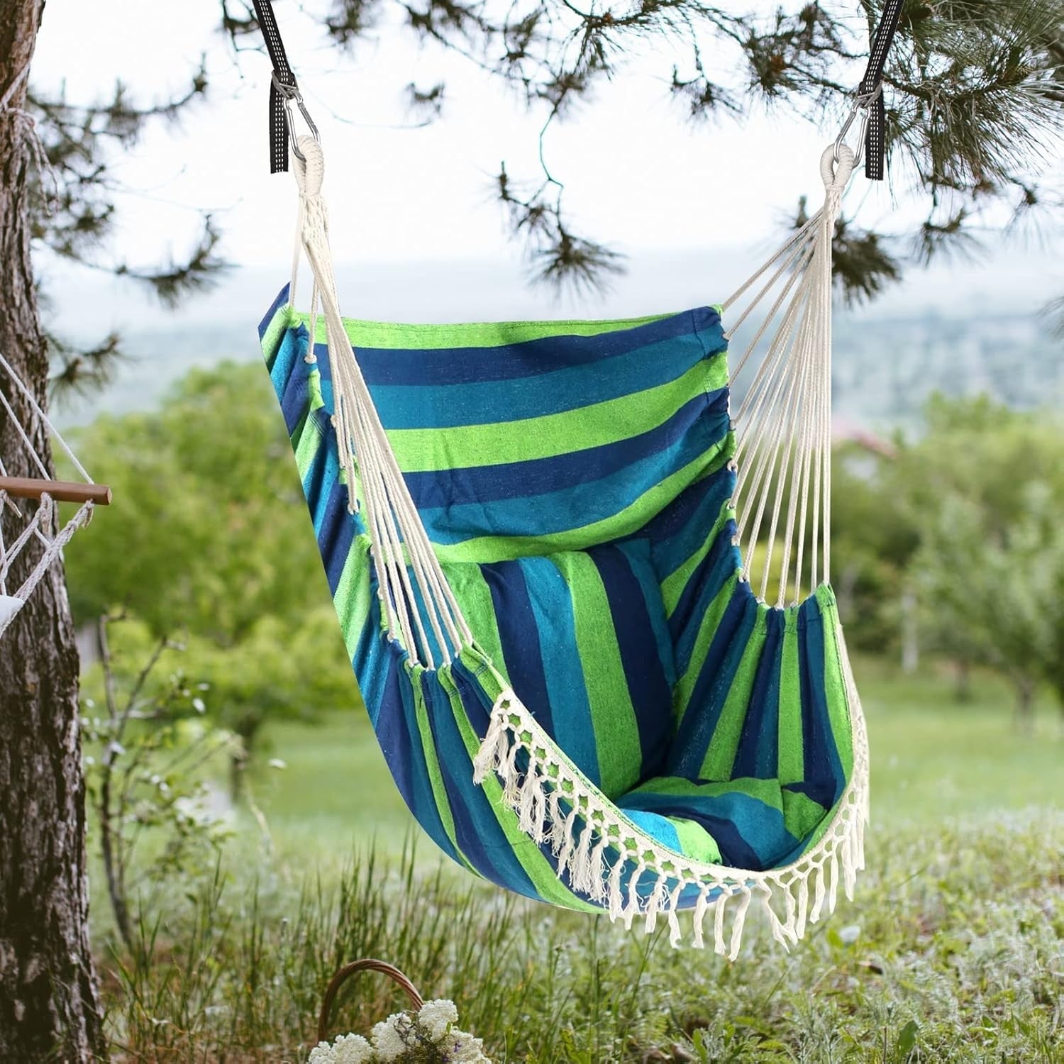 Blue Green Hammock Chair with Cushions & Straps | 500lbs Indoor Outdoor Swing