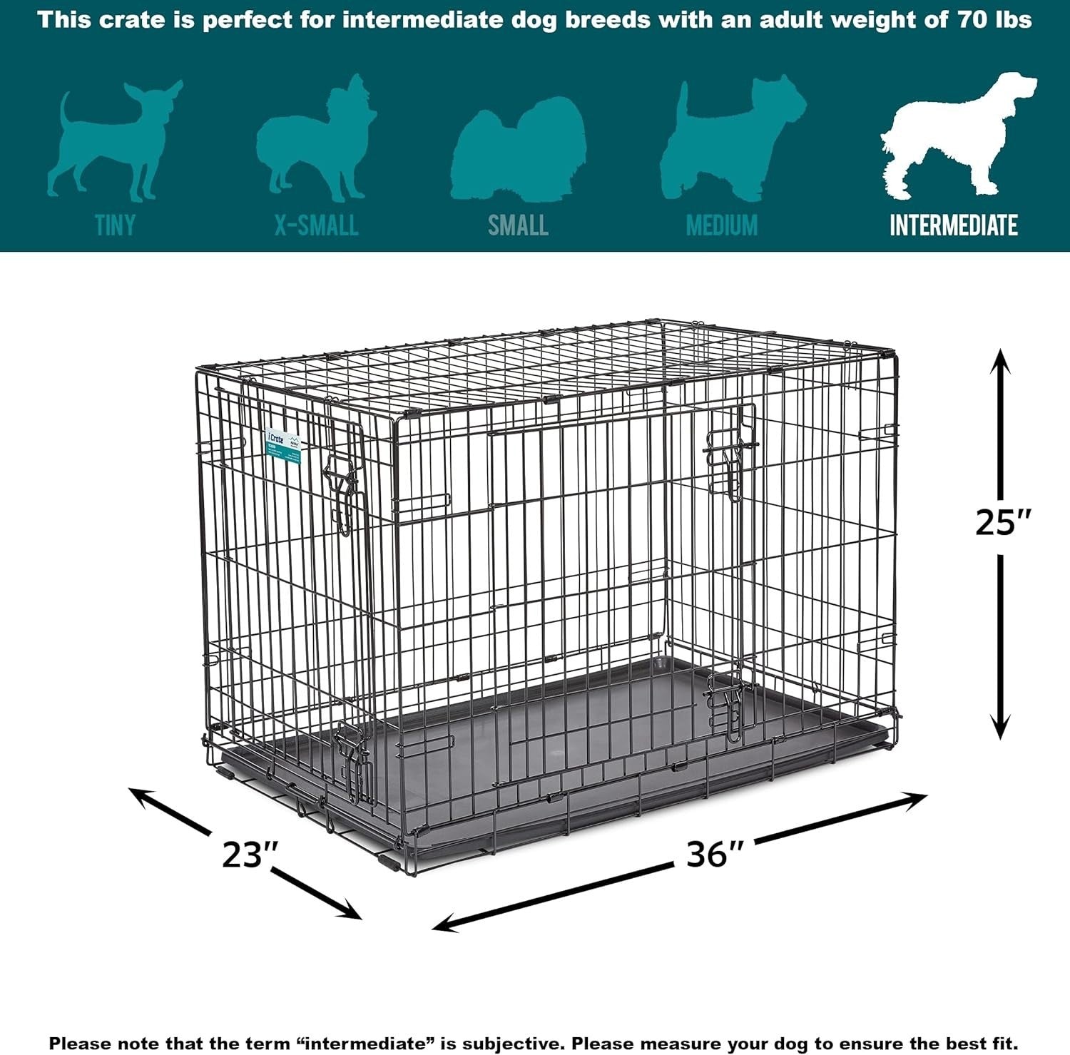 Double Door Medium-Large Dog Crate 36" Foldable Metal Cage with Divider & Pan