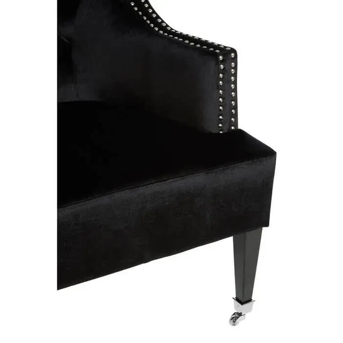 Black Velvet Accent Chair Tufted Back with Stud Detail & Wooden Legs