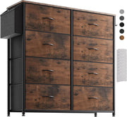 Rustic 8 Drawer Tall Fabric Storage Unit w/ Labels, Pocket & Wood Top