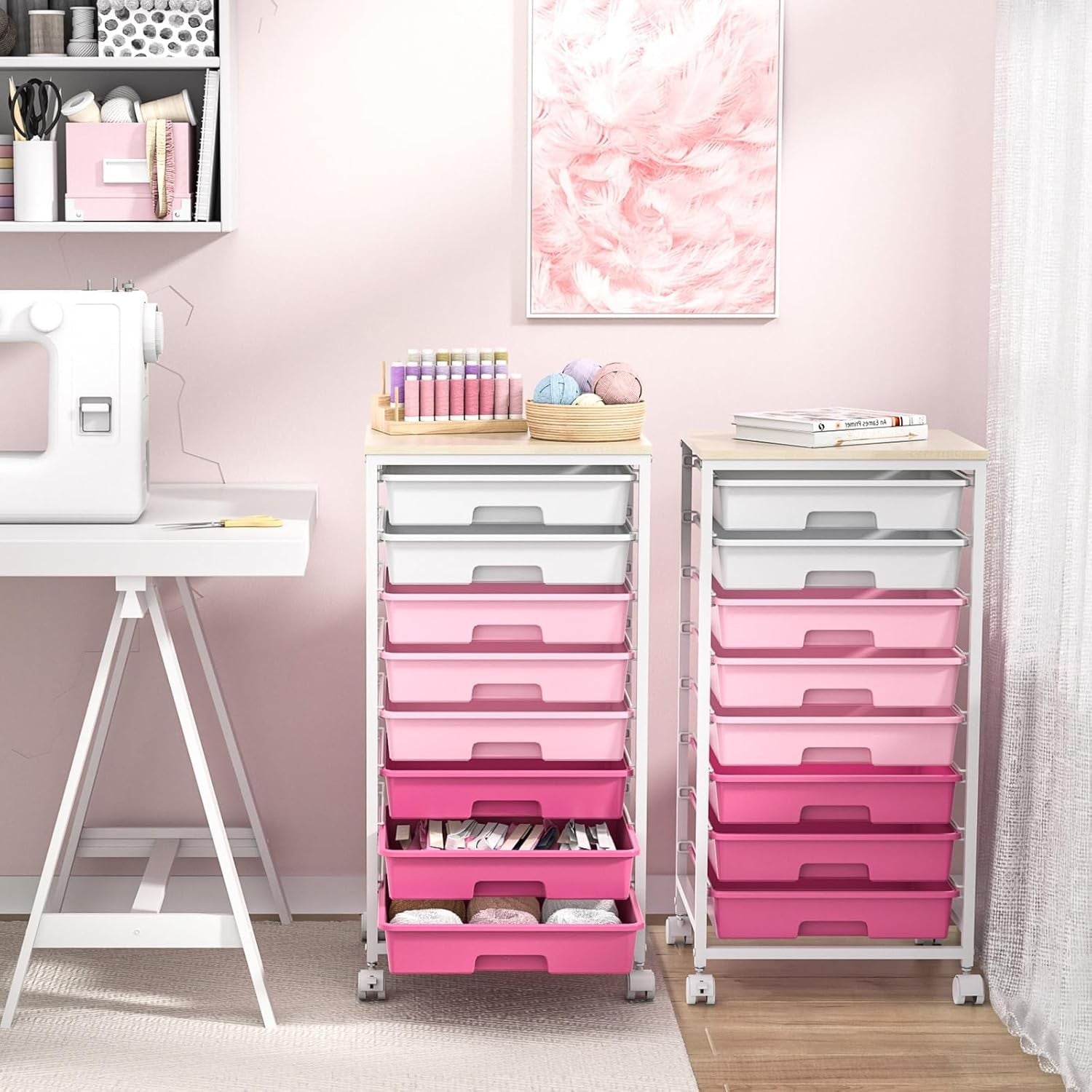 8 Drawer Rolling Storage Trolley Organizer Cart Lockable Wheels Pink