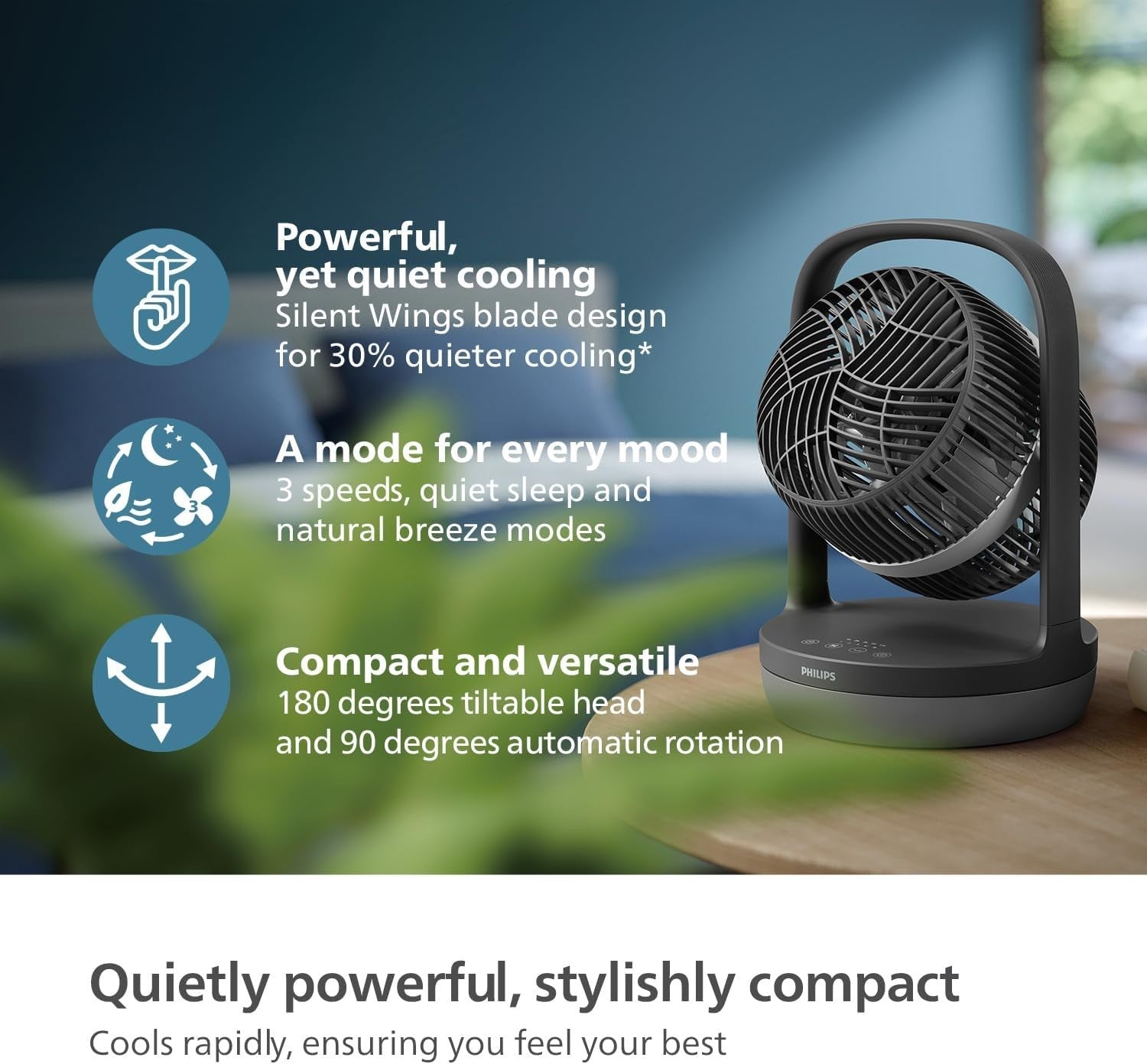 Ultra Quiet Oscillating Desk Fan – 23dB 3-Speed Air Circulator 180° Tilt Timer
