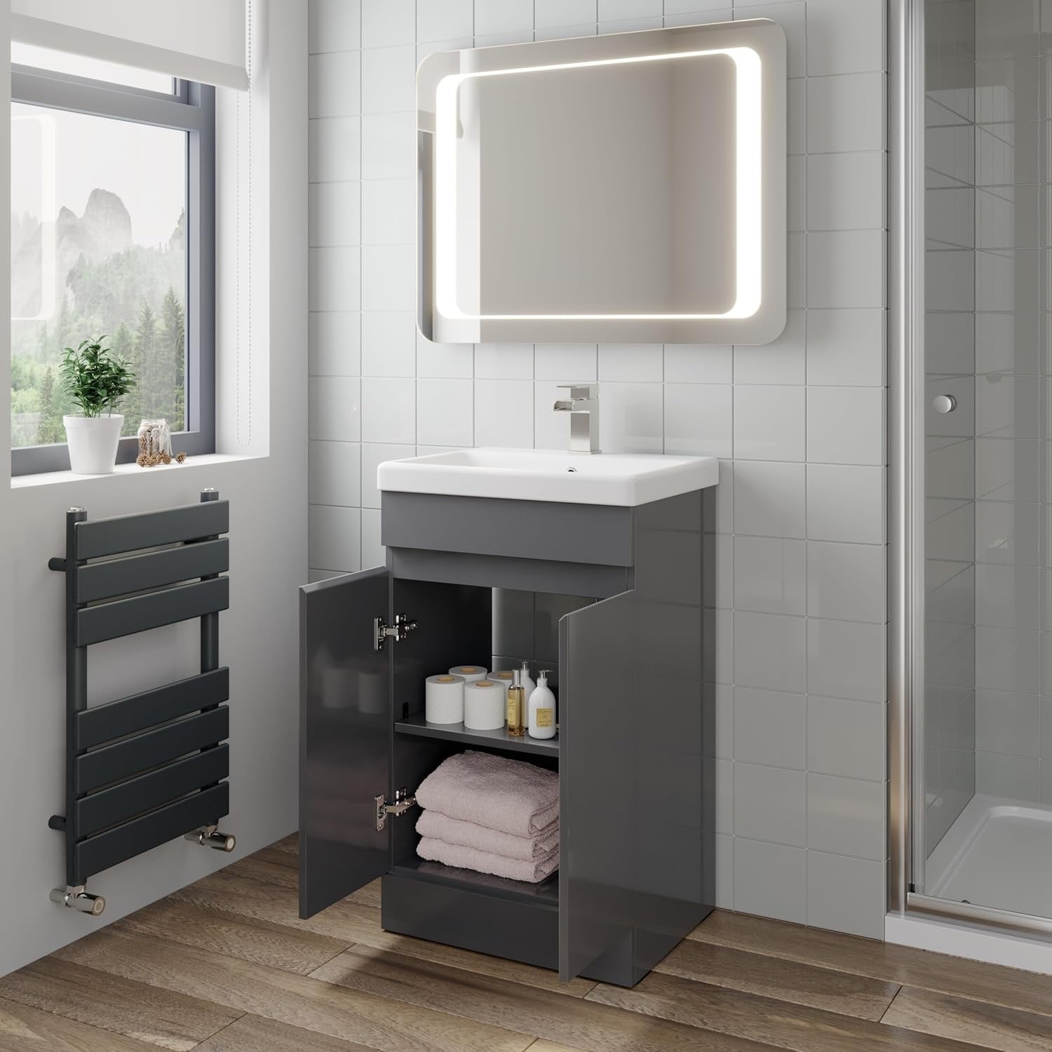 Grey Gloss 500mm Bathroom Vanity Unit with Basin | Modern Sink Storage Cabinet