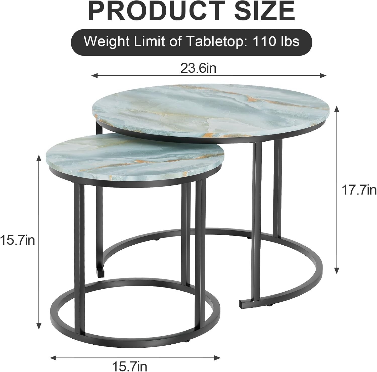 2-Piece Nesting Coffee Table Set, Blue Round Metal & MDF Living Room End Side Ta