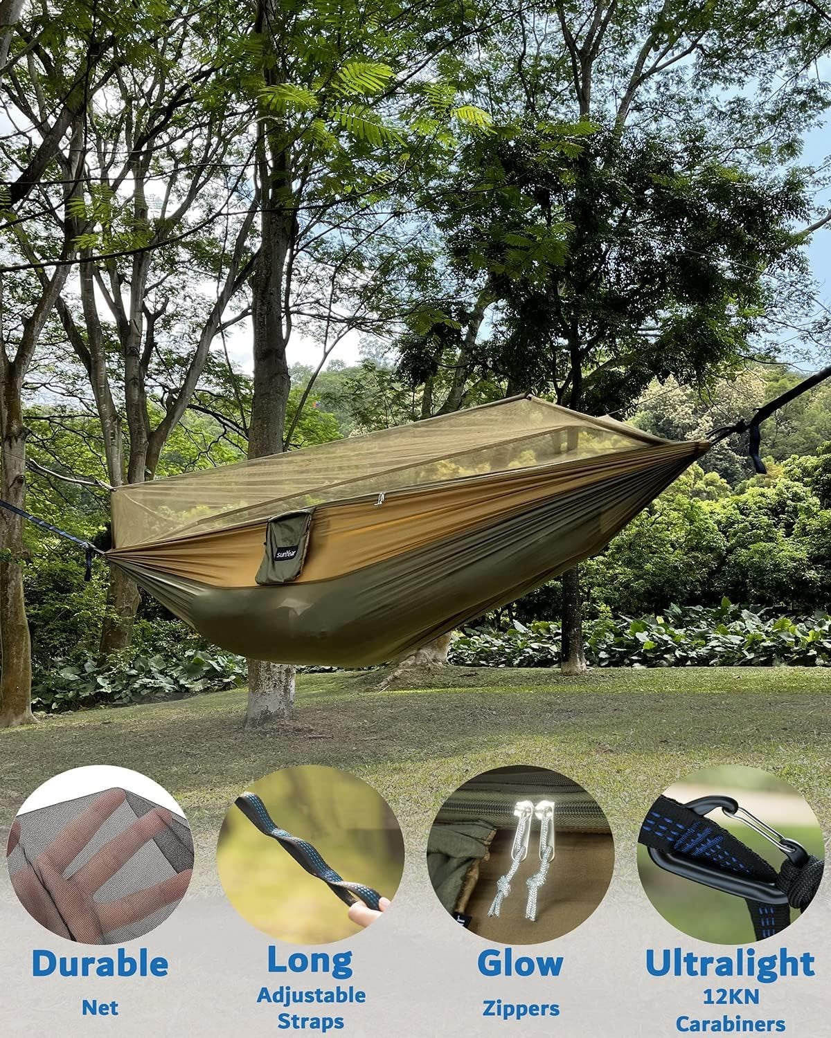 Double Camping Hammock with Rain Fly & Net, 600lb Capacity, All-in-One Shelter