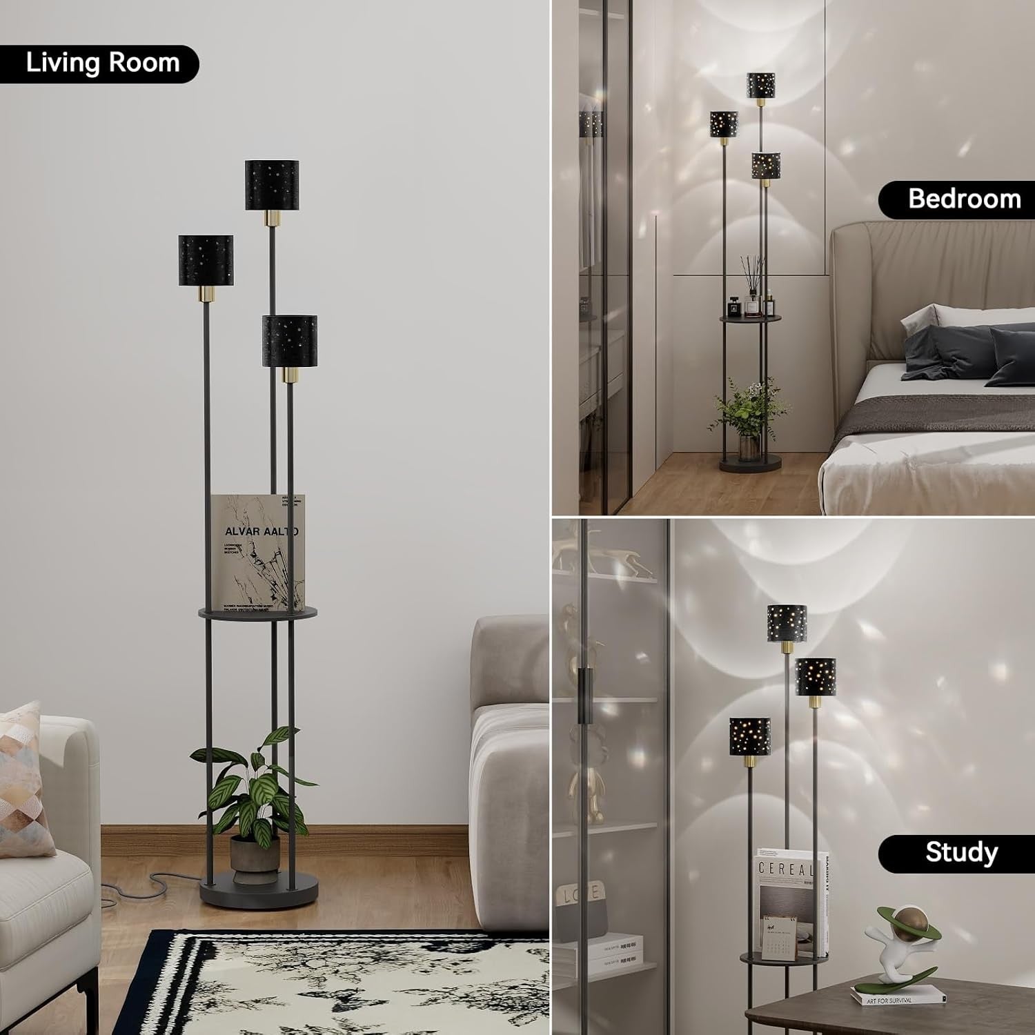 3 Light Floor Lamp with Shelves Tall Standing Lamp Modern Living Room