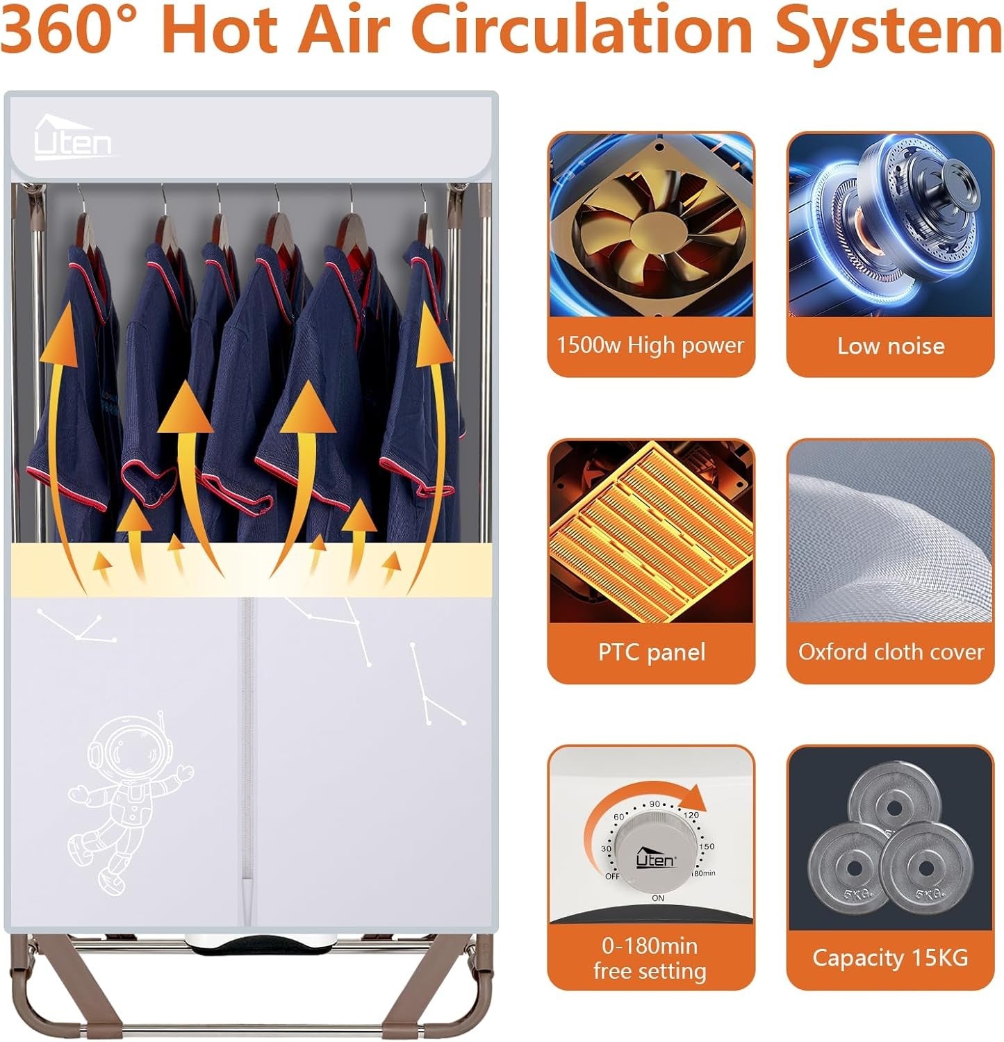 Electric Clothes Dryer Wardrobe 1500W 2 Tier Heated Indoor Drying