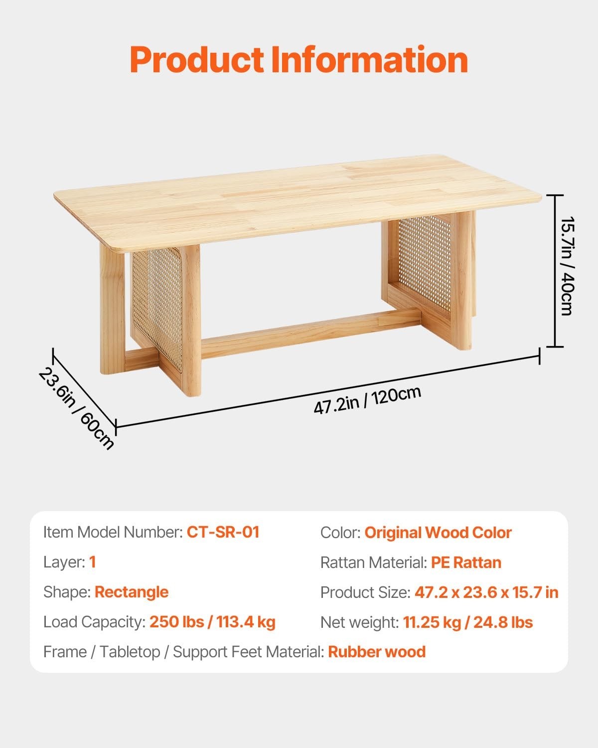 Boho Rattan Coffee Table Rectangular Wood Top 120cm Modern Storage Living Room