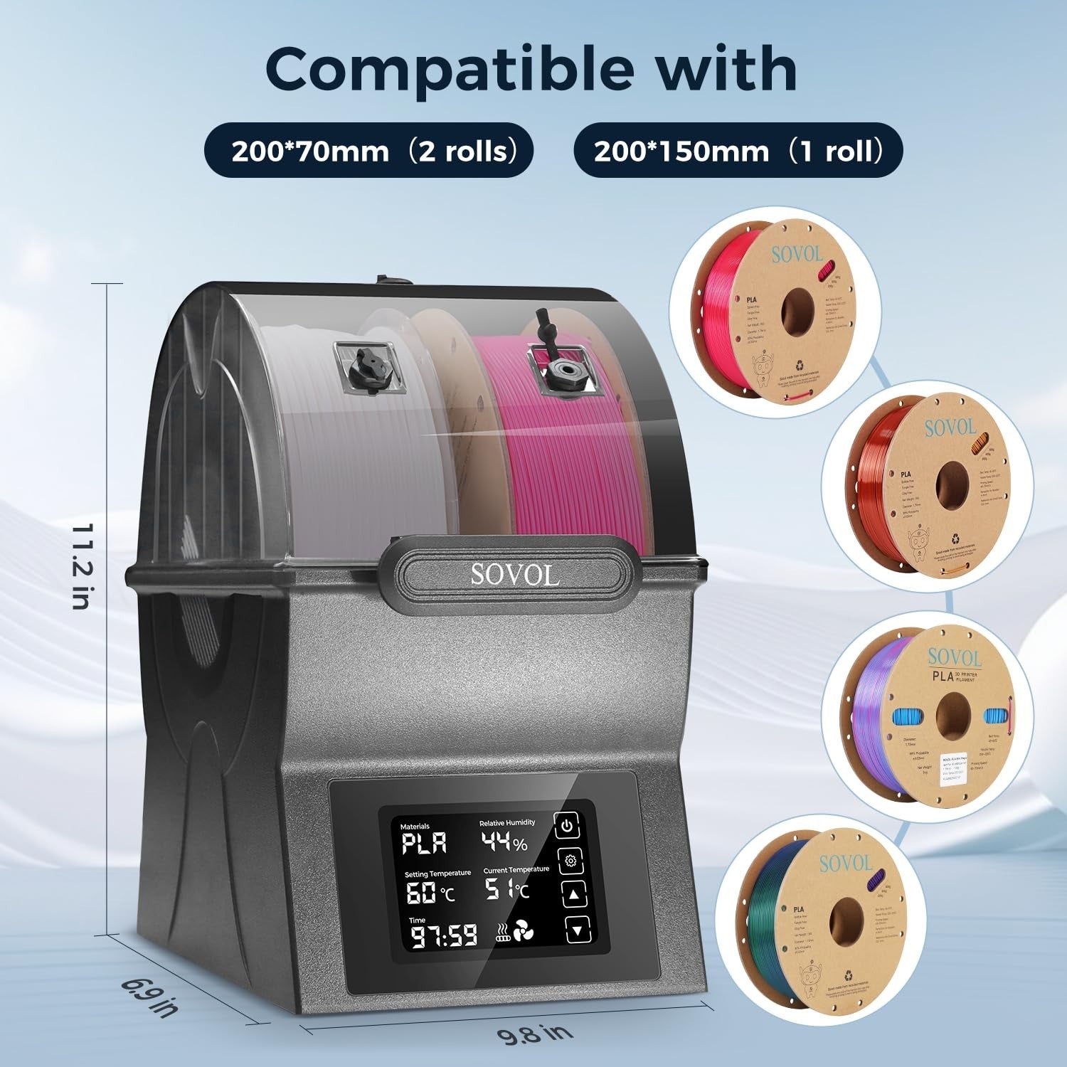 Dual Spool Filament Dryer Box 150W Heater Touch Screen 70C