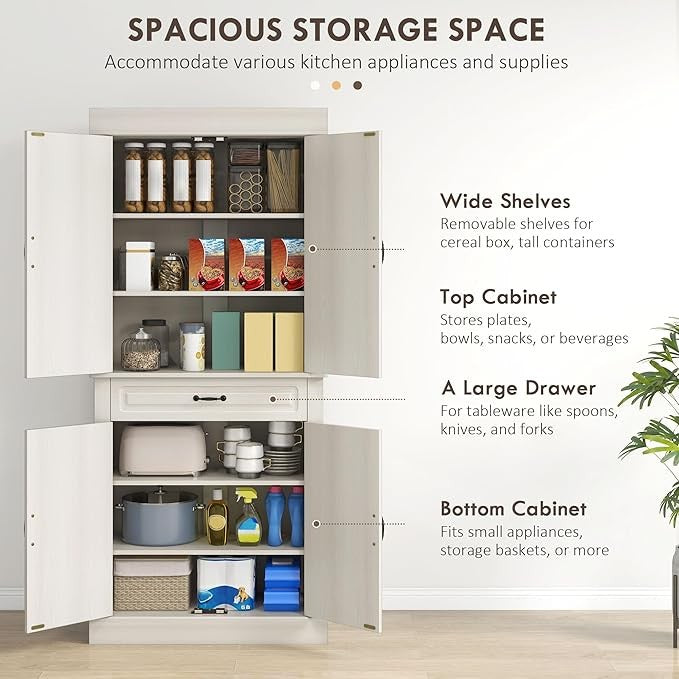 Tall White Kitchen Storage Cabinet with 4 Doors & Drawer, Freestanding Cupboard