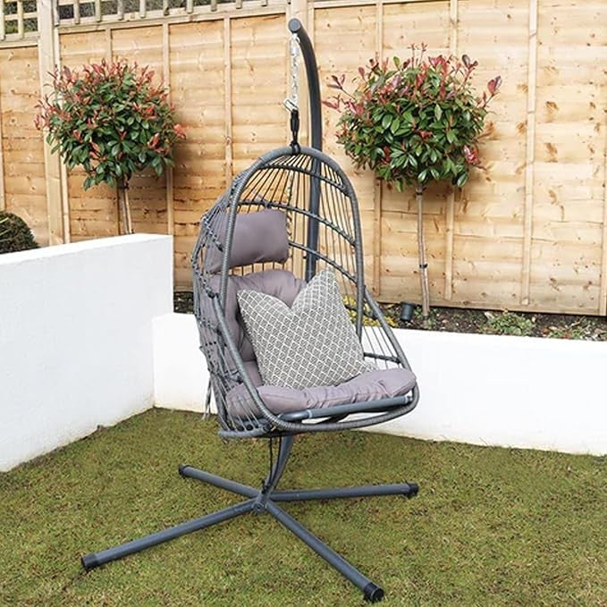Foldable Rattan Hanging Egg Chair with Stand – Indoor Outdoor Swing Seat