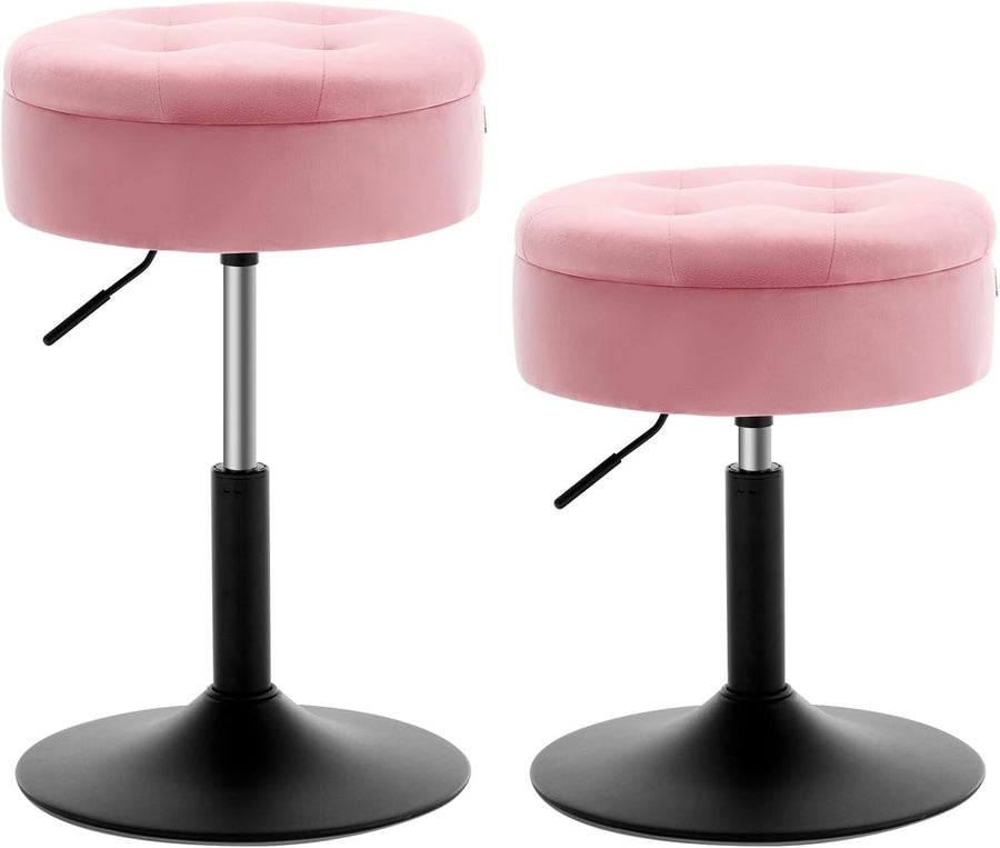 Set of 2 Pink Velvet Swivel Vanity Stools with Storage Round Adjustable