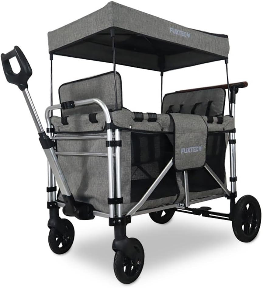 Premium Grey 4-Seater All-Terrain Kids Folding Wagon with Canopy & Safety Belts