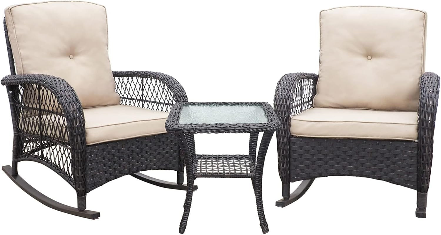 3pc Rattan Rocking Chair Bistro Set w/ Cushions & Glass Table Patio Garden