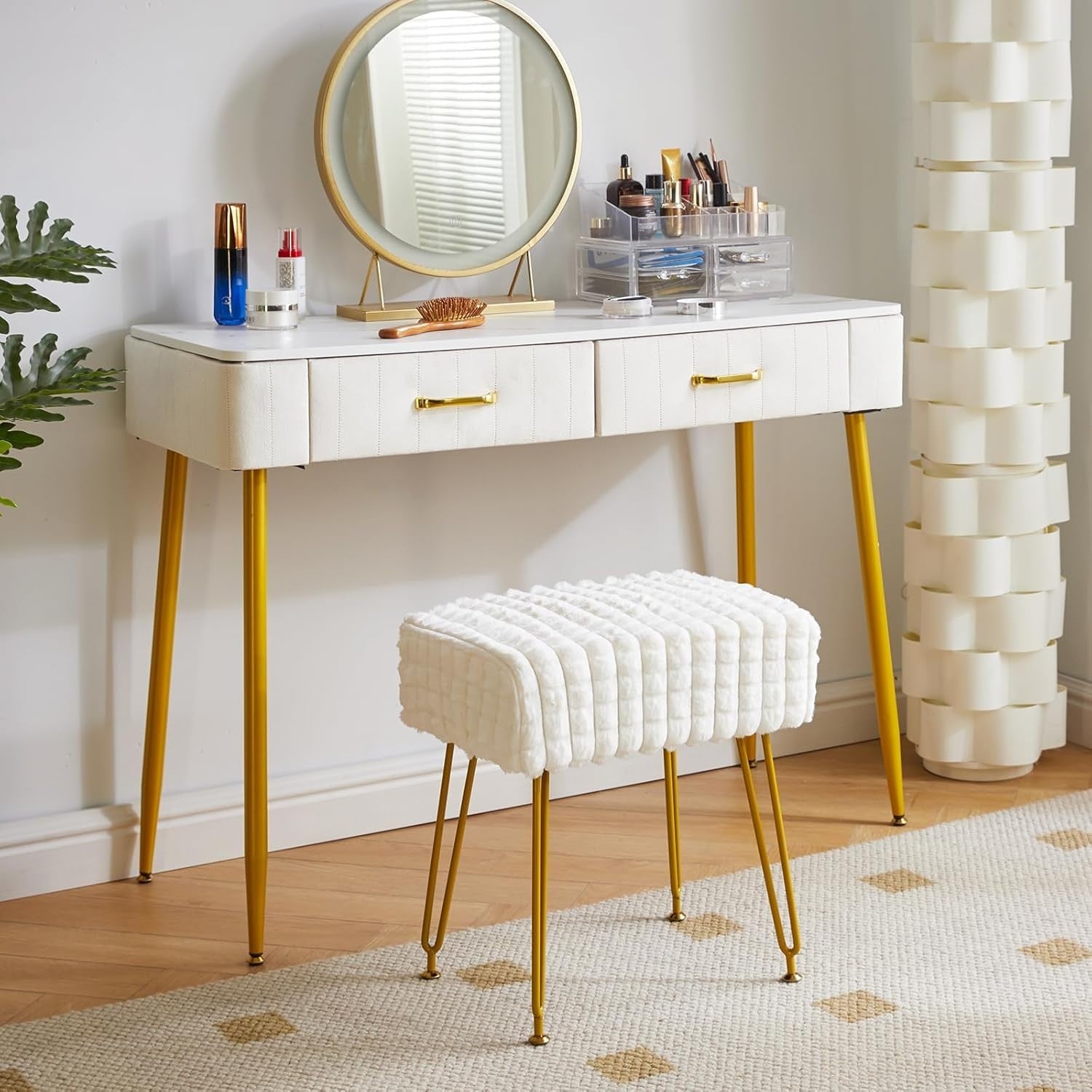 White Velvet Footrest Stool Ottoman – Golder Legs, Compact Vanity Seat