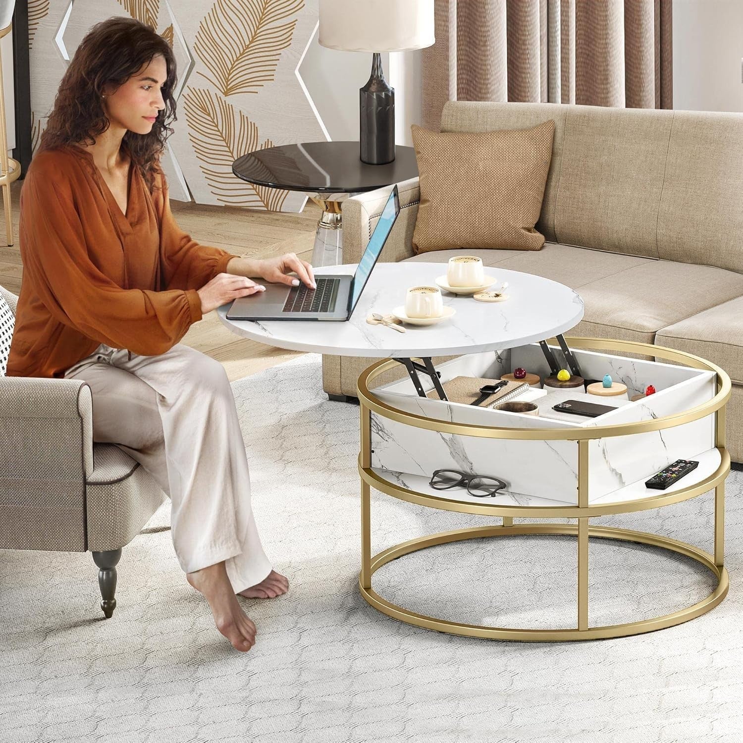 Round Lift Top Coffee Table White Gold 80x80x47cm with Hidden Storage
