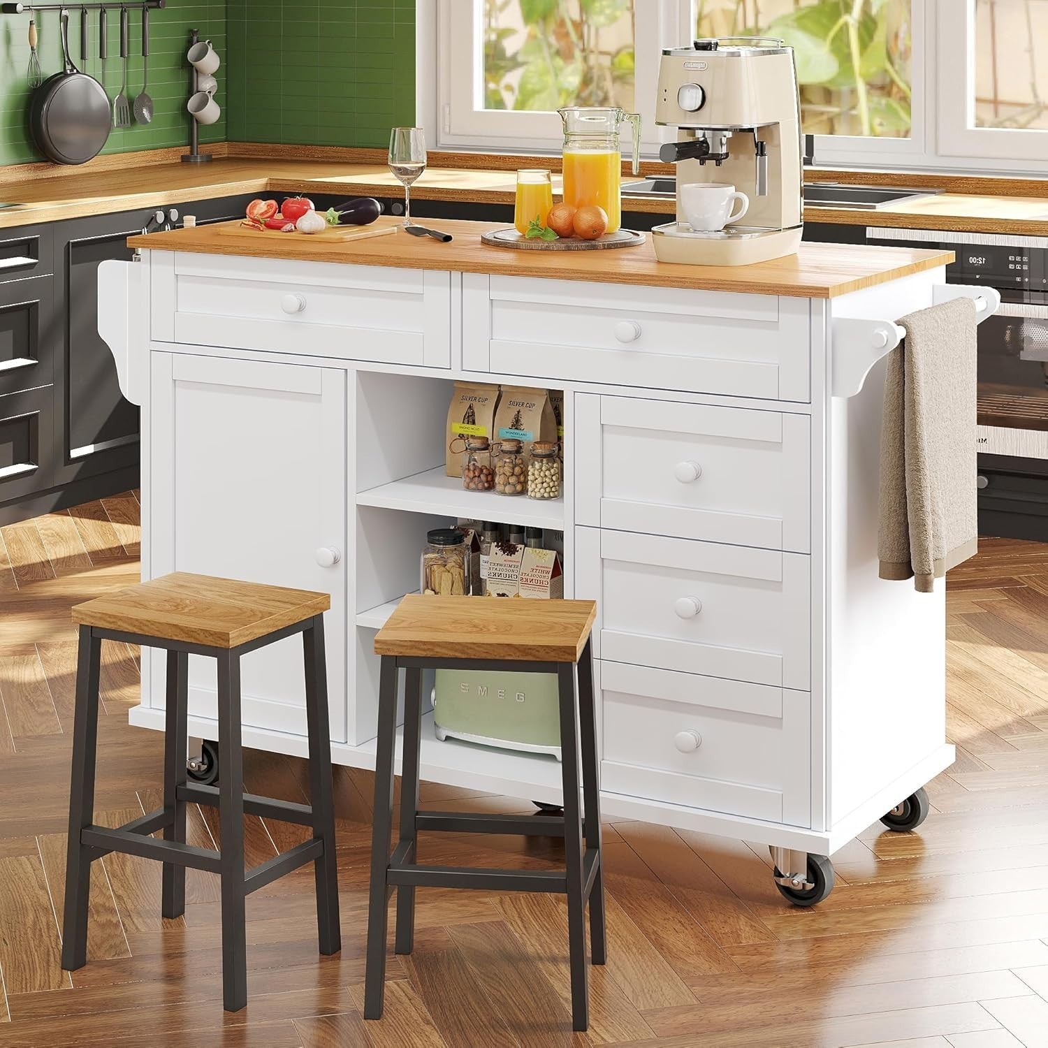 Multi-Level Kitchen Trolley with Drawers & Shelves, Mobile Food Cart 134x46x92cm