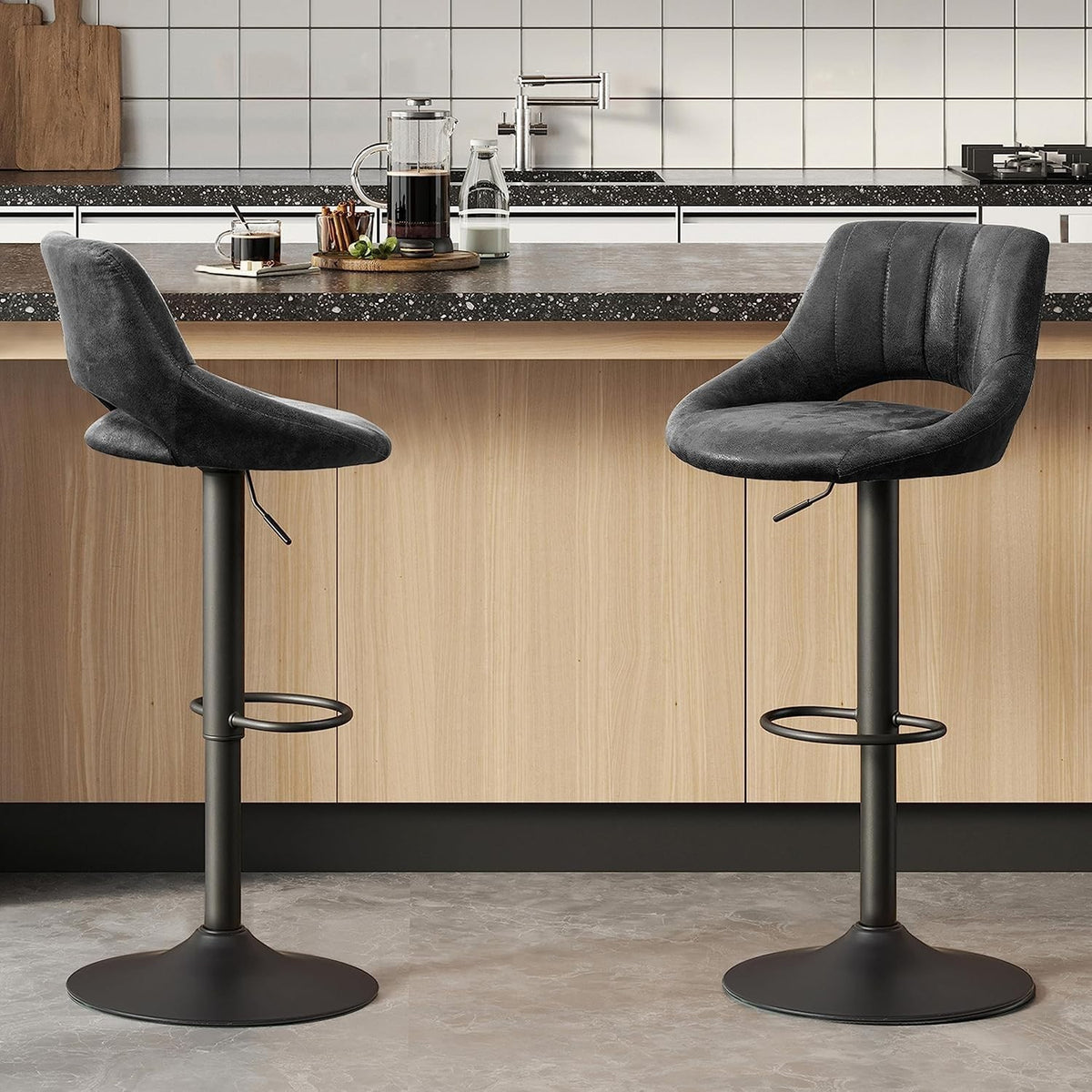 Black Bar Stools Set of 2 | Memory Foam Seat, Adjustable Swivel, Round