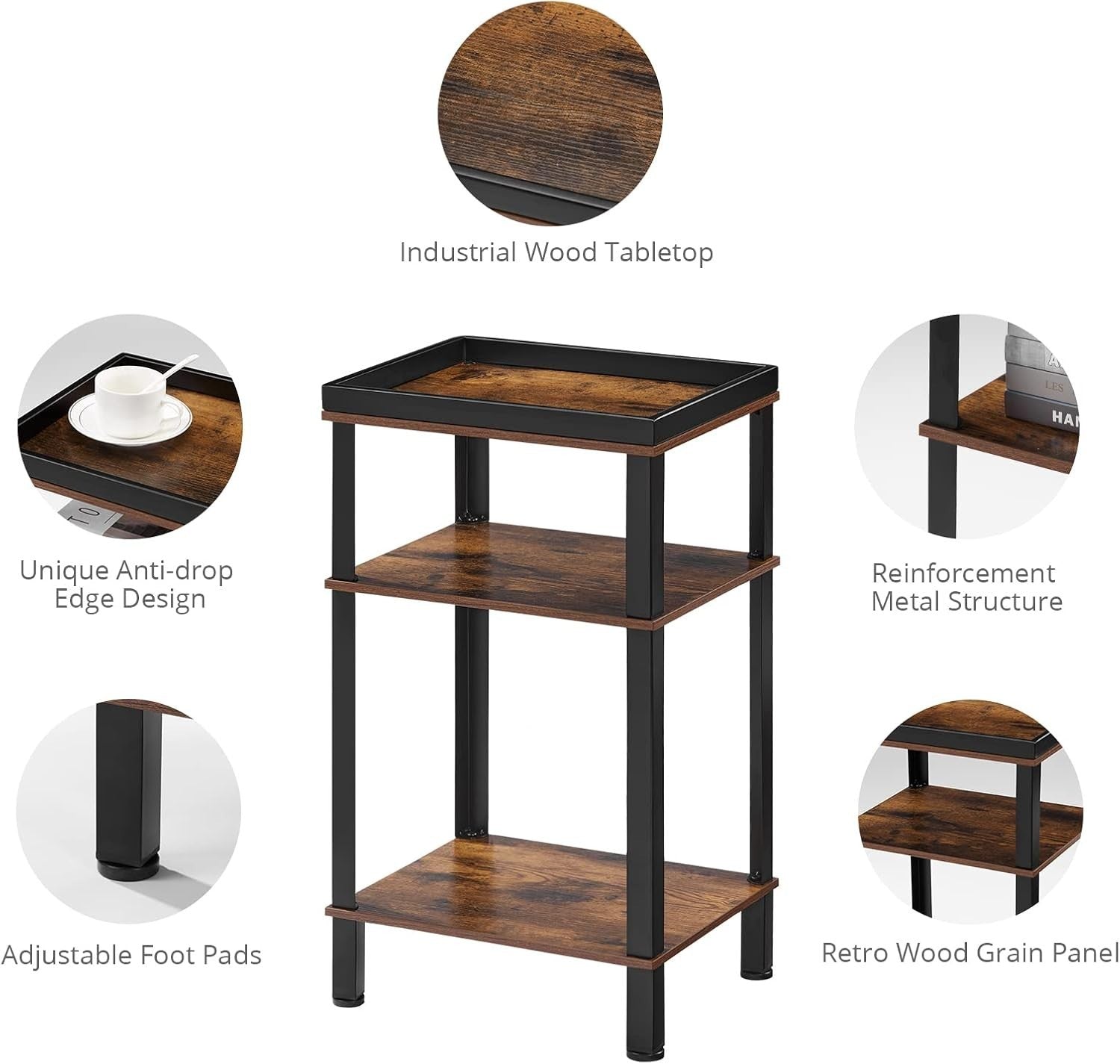 Slim 3-Tier Side Table Narrow End Table with Metal Tray & Wood Shelves
