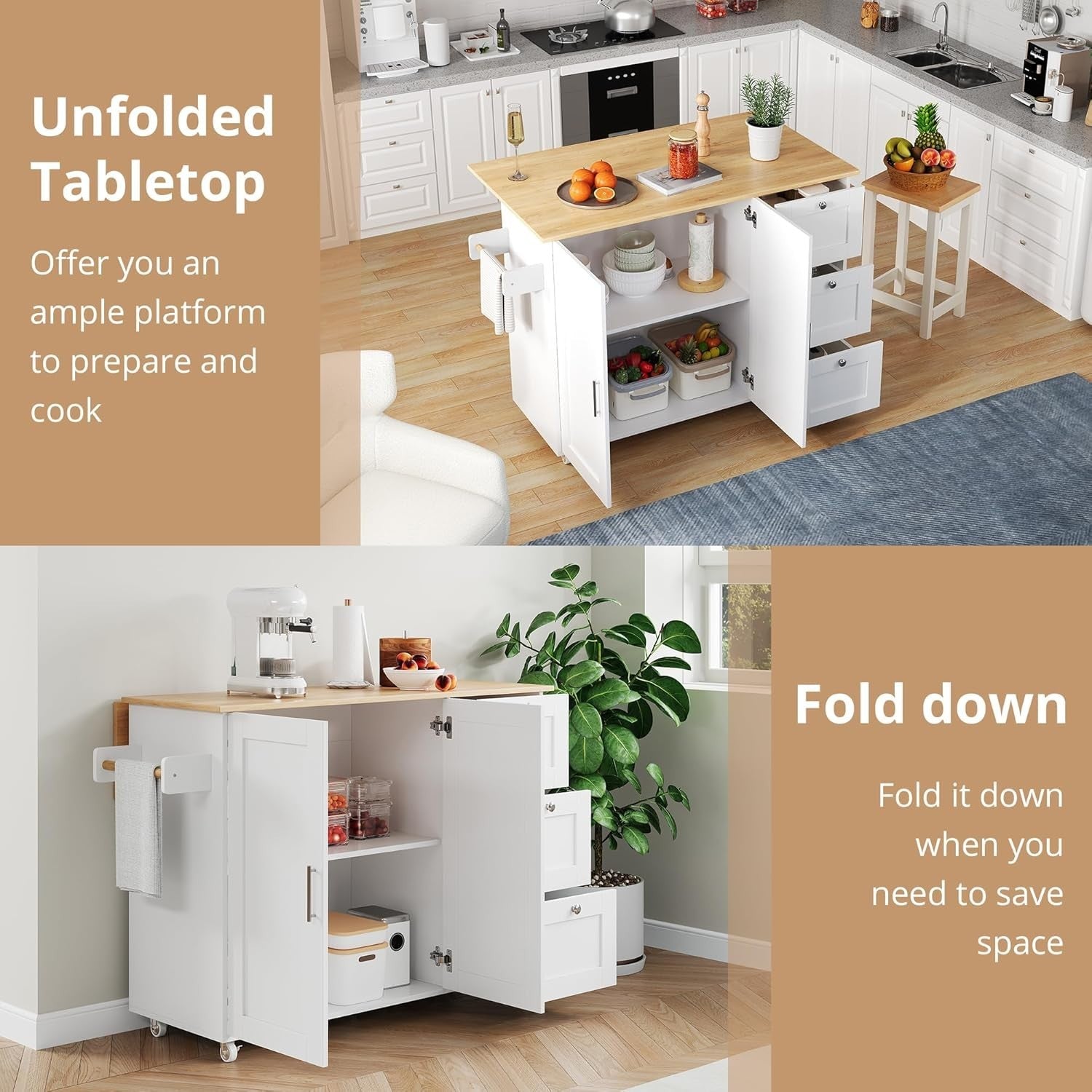 White Rolling Kitchen Island Foldable Worktop 135cm